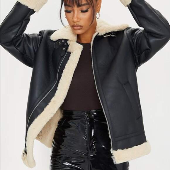 PrettyLittleThing Black Faux Leather Shearling Aviator Jacket US 0 - Picture 1 of 2